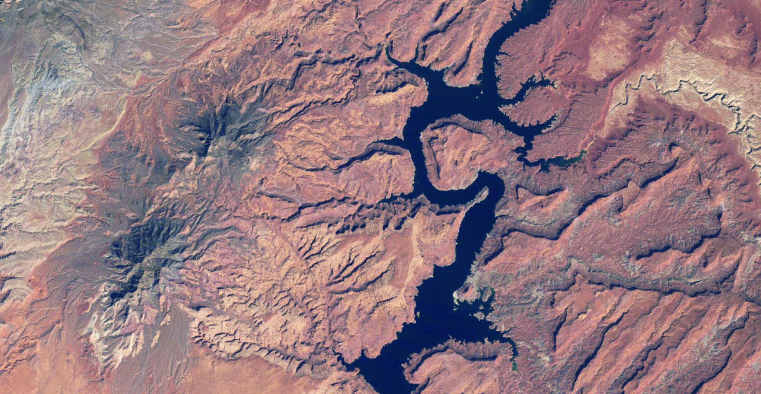 Mountainous terrain seen from a satellite.